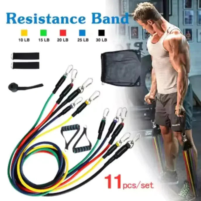 11-Piece Resistance Band Set – Includes bands, handles, ankle straps, and door anchor for workouts.
